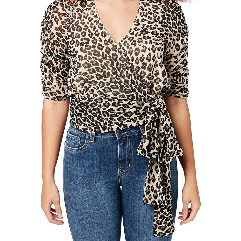 Buffalo by David Bitton Leopard Animal Print Wrap Blouse Surplice V-Neck Top, M